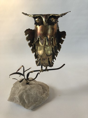 Mid Century Modern Owl Sculpture Brutalist Torch Metal Onyx/quartz Base 14x8” - Picture 4 of 8