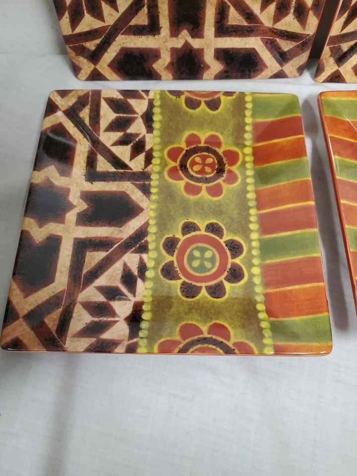 Rio (4) Tabletops Gallery Square Salad Plates 8 1/4" Orange Green Rust - Image 2 of 4
