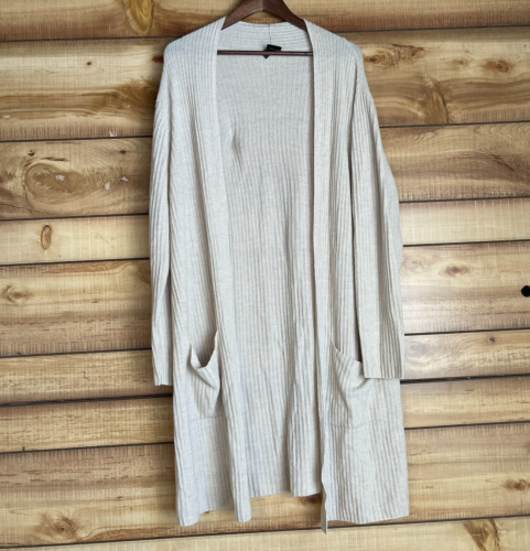 Eileen Fisher 100% Merino Wool Cardigan Large Long Knit Open Front Pockets FLAW