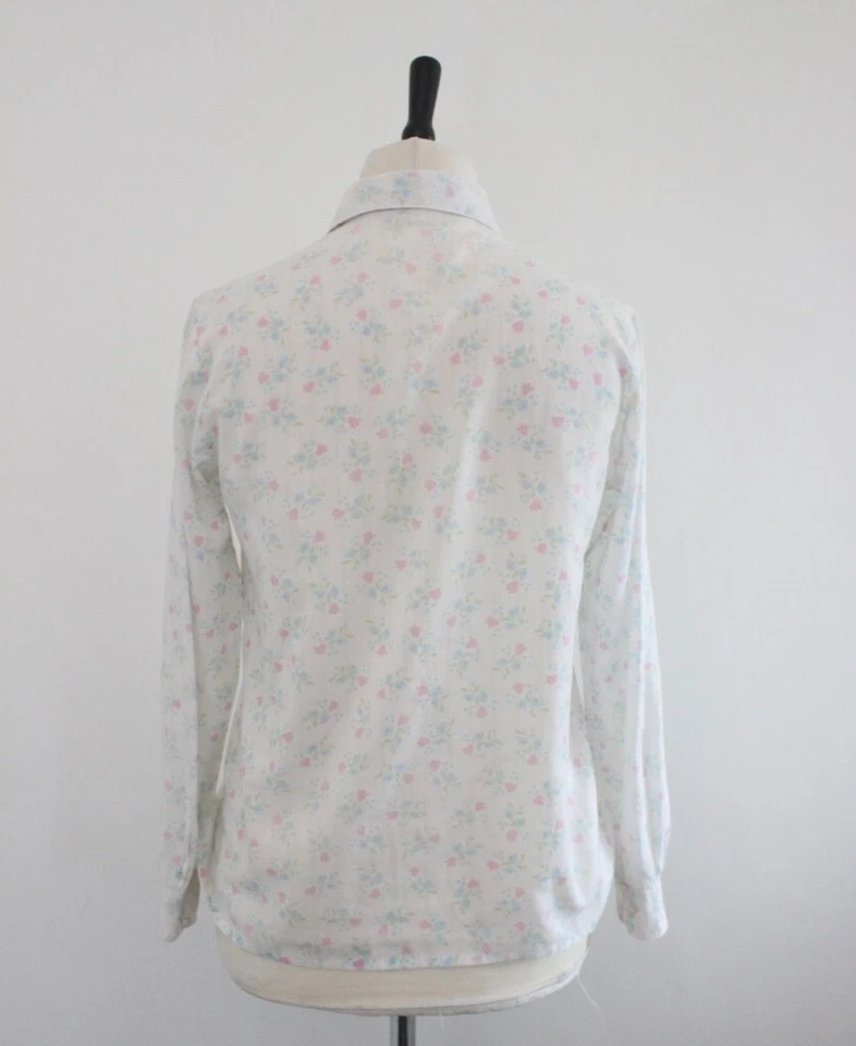 Vintage 1970s Floral Shirt White PINK Blue Flowers Retro Casual Top Blouse 12 - Image 3 of 4