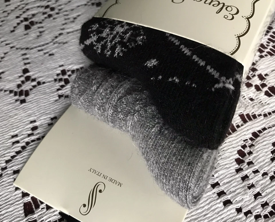 Women’s Elena Solano Luxury Crew Socks Angora Blend - 2 Pairs Black/Gray New - Image 3 of 4