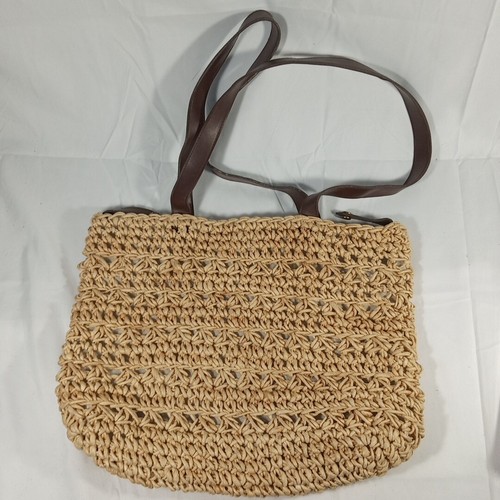 Jacqueline Ferrar Woven Straw Bucket Bag Beach Purse Leather Straps Fabric Lined - Picture 1 of 13