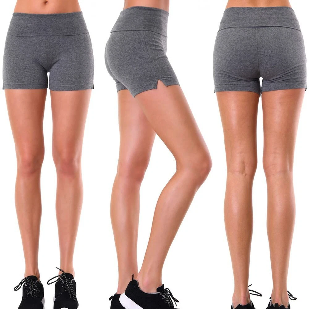 Womens Yoga Fold Over Shorts Waist Gym Spandex Sexy Cotton Fitness Grey  Small