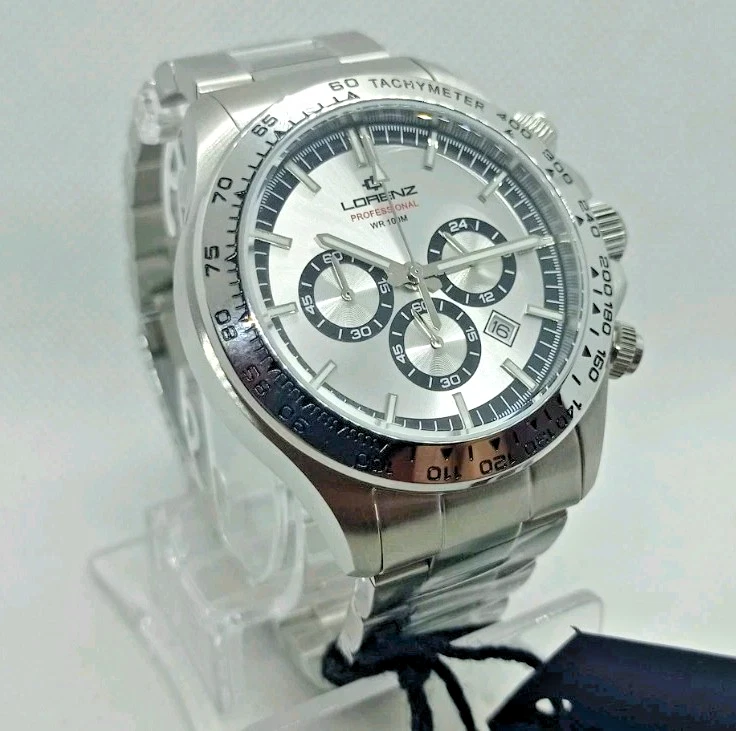 OROLOGIO UOMO LORENZ CRONOGRAFO TACHIMETRICO ACCIAIO DATA CASSA 40mm, ARGENTATO - Immagine 3 di 4