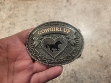    Cowgirl Up Western Belt Buckle   Horse Heart Design   Silver Tone