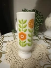 Vintage Milk Glass Pedestal Mug Orange Green Flower Power Retro Coffee Cup 1970s