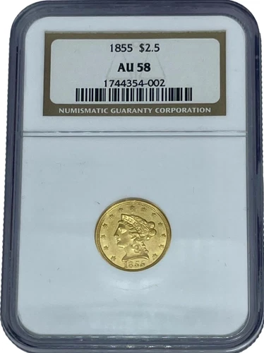1855 $2.5 Liberty Head Gold Coin, NGC AU-58, Nice Look. Graded Pre-1933 Gold.