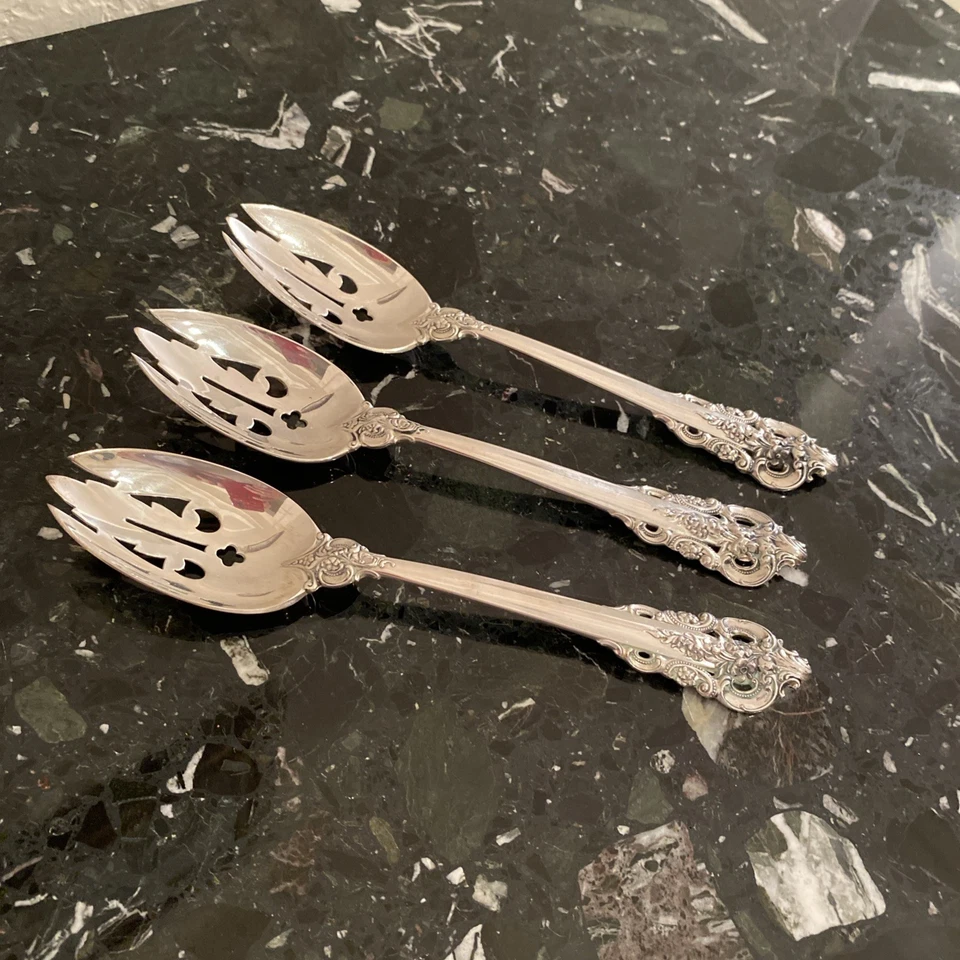 "1 cuchara/tenedor perforado barroco Wallace Grande plata de ley 8 1/2""" Foto 3 de 4