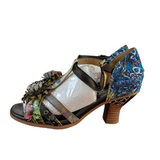 Socofy Heels Womens Size 5.5 Black Multi Strappy Floral Retro Boho Chic Sandals