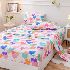 3 PCS Kids Sheet Set Twin Size Colorful Hearts Printed Soft Breathable Multi