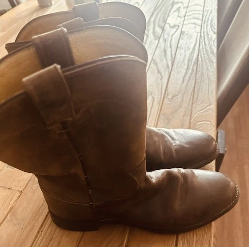 Justin Boots Mens Vintage Brown Leather Roper Cowboy Boots USA Made Round Toe