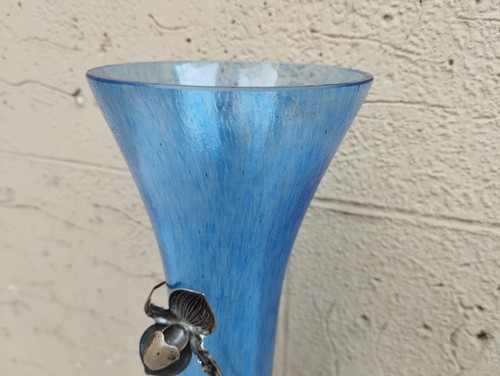 VASO MONOFIORE IN VETRO AZZURRO CON RAMO DI FIORI FOGLIE IN ARGENTO TITOLO 925 - Imagen 8 de 17