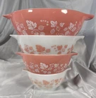 Vtg Pyrex Pink Gooseberry 4 Bowl Cinderella Nesting Set #441, 442, 443, 444.