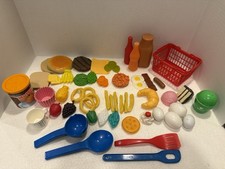 Lot of pretend Play Basket, Food  Utensils, Vintage 1980  s, Approx 50 Pieces