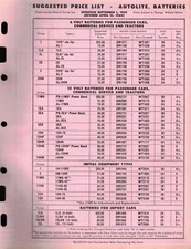 Vintage Collectible 1959 AUTOLITE BATTERY PRICE LIST 6 Pages Jobbers SELL SHEET