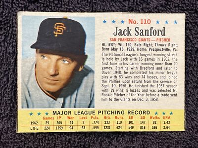 VINTAGE 1963 Post Cereal #110 Jack Sanford, San Francisco Giants, NICE-LOOK!