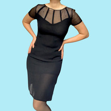 Vintage Black Silk Designer Dress with Sheer Short Sleeves, Summer Evening Dress