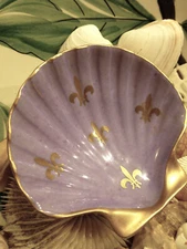 VTG Limoges France Fleur de Lis Purple & Gold Porcelain Scalloped Trinket Dish