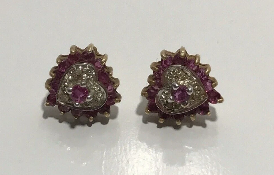 10KP Yellow White Gold Natural Ruby & Diamond Heart Stud Earrings 2.6g - Image 4 of 4