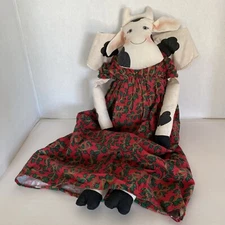 Vintage Angel Cow Rag Doll Holiday Holly Dress Red, Green, Blk, White Cloth