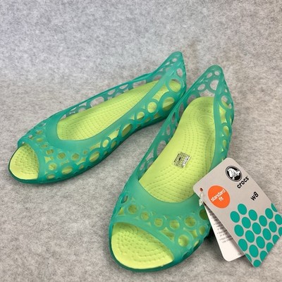 CROCS Womens Adrina III Flat Aqua/Celery Slip On Sandal Shoe Cutouts Peep Toe W8