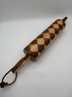 Hand Turned Checkerboard Pattern Multi Wood Rolling Pin Handmade Leather Hanger