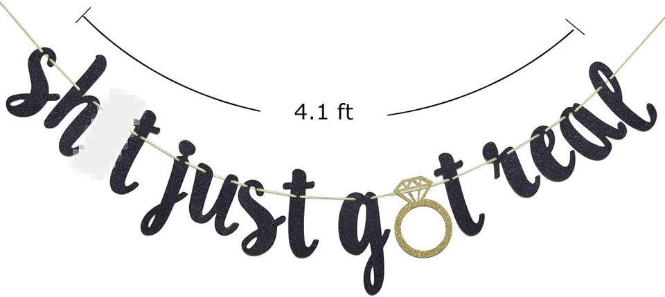 Engagement Decorations, Just Got Real Glitter Bunting Banner for black gold  - Image 2 of 4