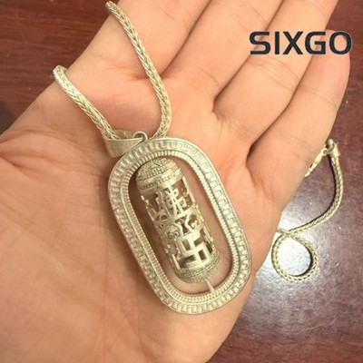 Antique Style Chinese Silver Rotating Prayer Wheel Pendant Necklace Amulet