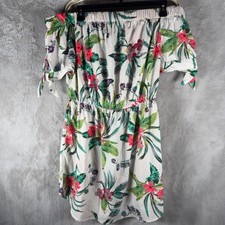 Blush Off The Shoulder Tropical Floral Mini Dress White Pink Green Large