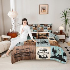 Happy Camping Comforter Set,Lake Boat Pine Tree Pattern Bedding Set 3Pcs,Vint...