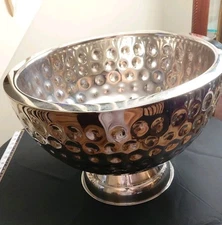 Large Hammered Silver Metal Pedestal Punch Bowl  Chiller India 16.5" x 12"
