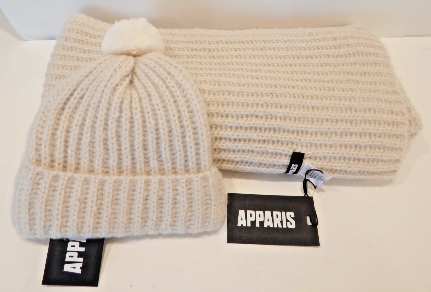 Vegan Apparis Beige Knit Scarf and Beanie Hat Set