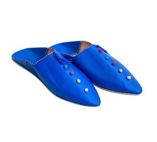 Blue Leather Babouche Slippers Handmade Pointed Moroccan Women