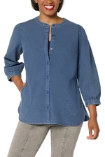 LOGO by Lori Goldstein Button Front Washed Shirt Blue Indigo