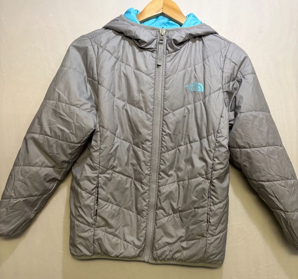 The North Face Reversible Perrito Jacket Girls Gray Hooded Full-Zip Large 14/16
