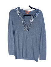 TORY BURCH Sweater Womens medium Merino Wool Cashmere Gray Rhinestone V Neck