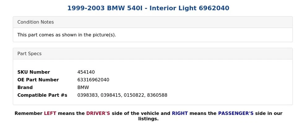 1999-2003 BMW 540I - Interior Light 6962040 - Image 4 of 4