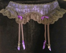 Vintage 80s Black Ruffled Lace Purple Satin Bow Garter Belt S/M EUC