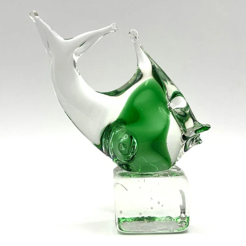 Arte Murano Vintage ICET Green Clear Hand-Blown Glass Fish Figurine Paperweight