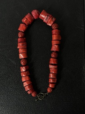 Vintage Red Coral Bead Necklace Tibetan Style Hand Carved Toggle Clasp