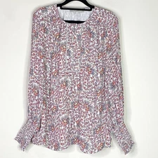 LOFT Floral Smocked Sleeve Button Neck Top Women's Size Small
