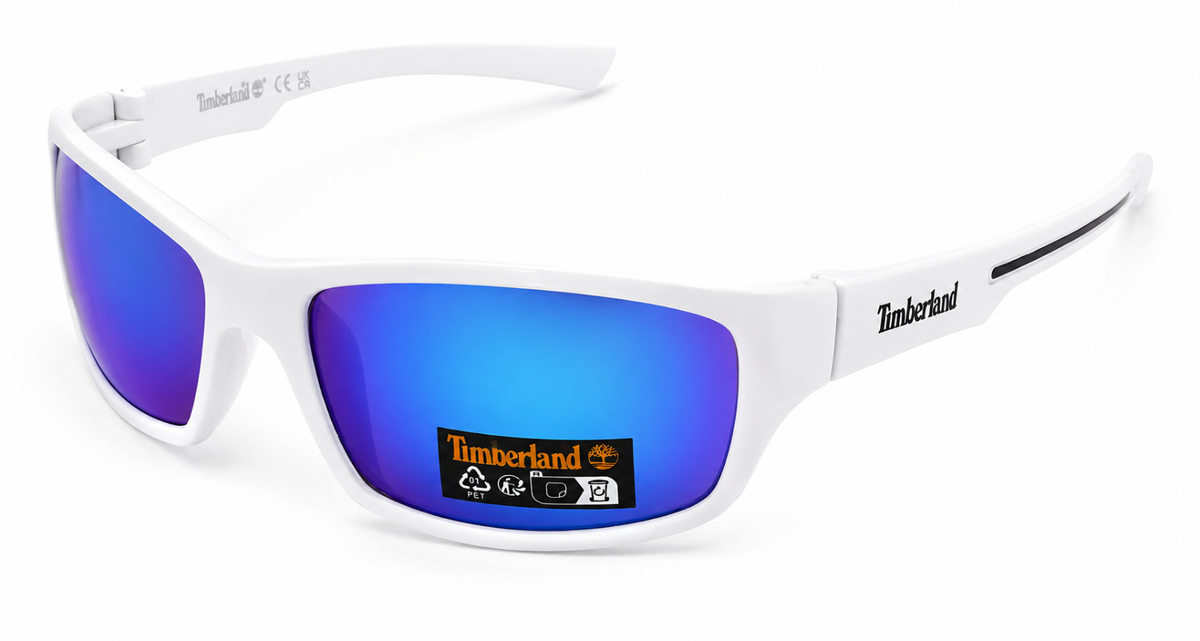 Timberland Sunglass Mens Shiny White Plastic Wrap, Green Mirror