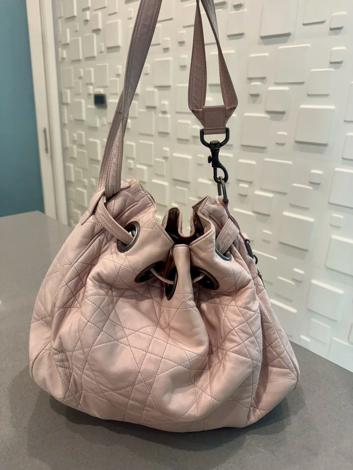 Authentic Christian Dior Cannage-quilted Pink Soft Leather Drawstring Bucket Bag - Image 3 of 4
