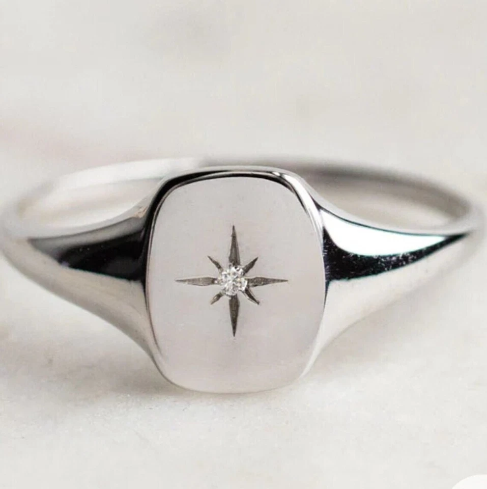 Anillo de oro macizo con sello de estrella de diamantes anillo de diamantes de colección anillo de estrellas de diamantes de plata Foto 2 de 4