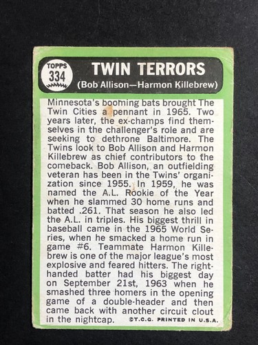 1967 Topps Bob Allison Harmon Killebrew #334 - Imagen 2 de 4