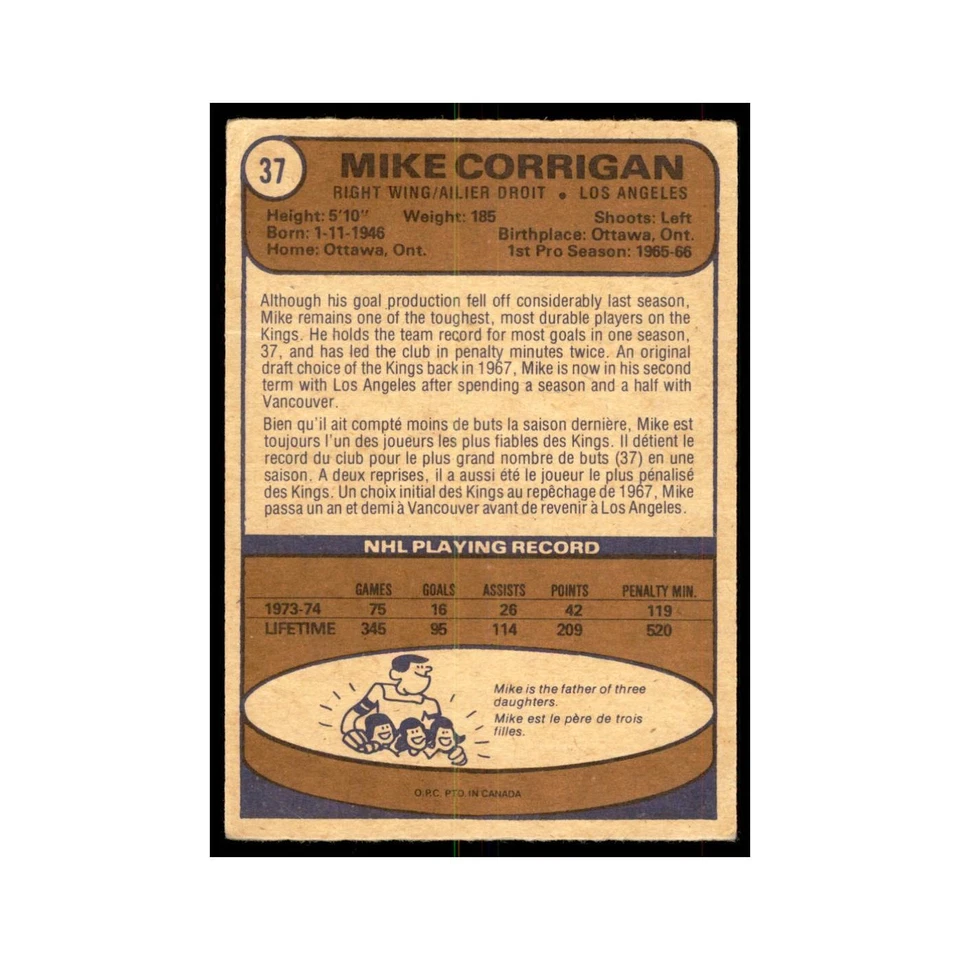 1974 O-Pee-Chee Mike Corrigan (Damaged) Los Angeles Kings #37 - Image 2 of 3