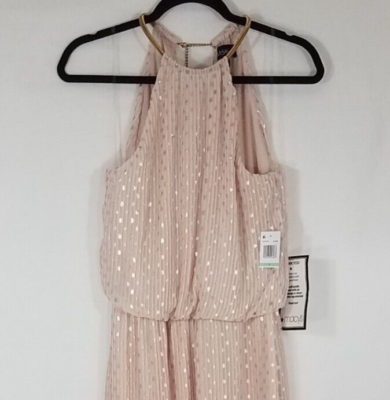 MSK Blouson Maxi Dress 8 Halter Gold Neckband Metallic Dots Pink Chiffon  Lined | eBay