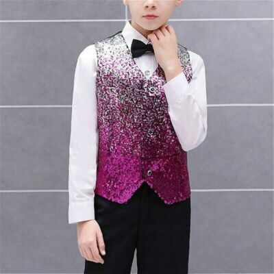Boys Kids Sequin Waistcoat with Bow Tie Glitter Vest Top Stage