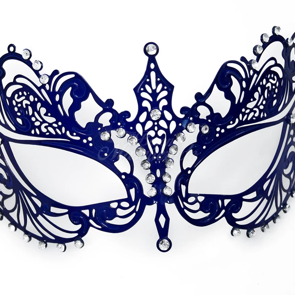 Dark Blue Light Metal Filigree Mardi Gras Venetian Masquerade Mask for Women - Image 3 of 4