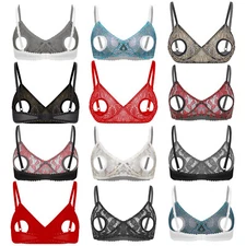 Women's Lace Sheer Open Nipple Bra Underwear Wireless Plunge Bralette Hollow Bra